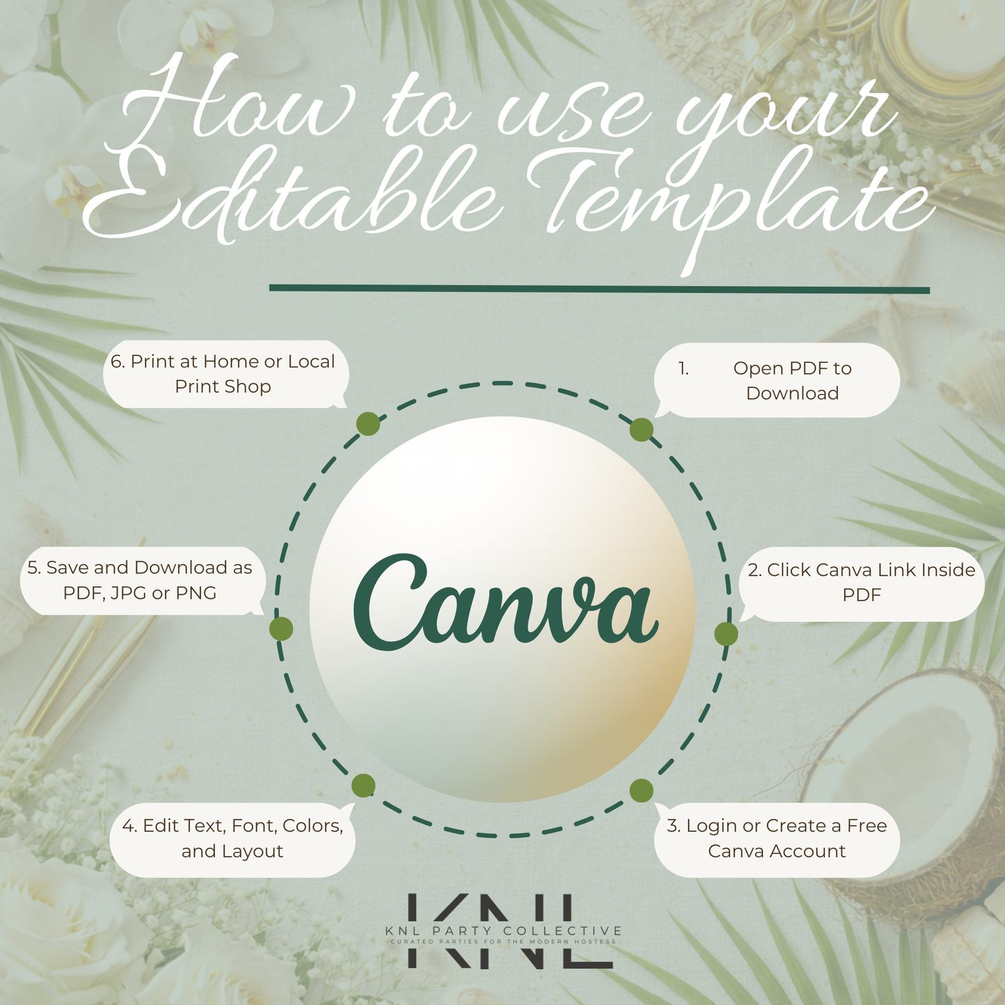 Tropical Bridal Shower Invitation | White Gold Greenery Invitation | Editable Canva Template