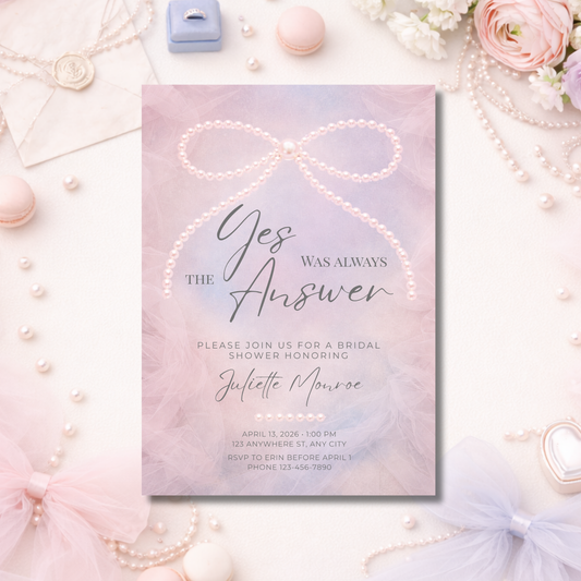 Yes Was Always the Answer Digital Invitation | Pearl Bow Bridal Shower Invitation | Editable Canva Template