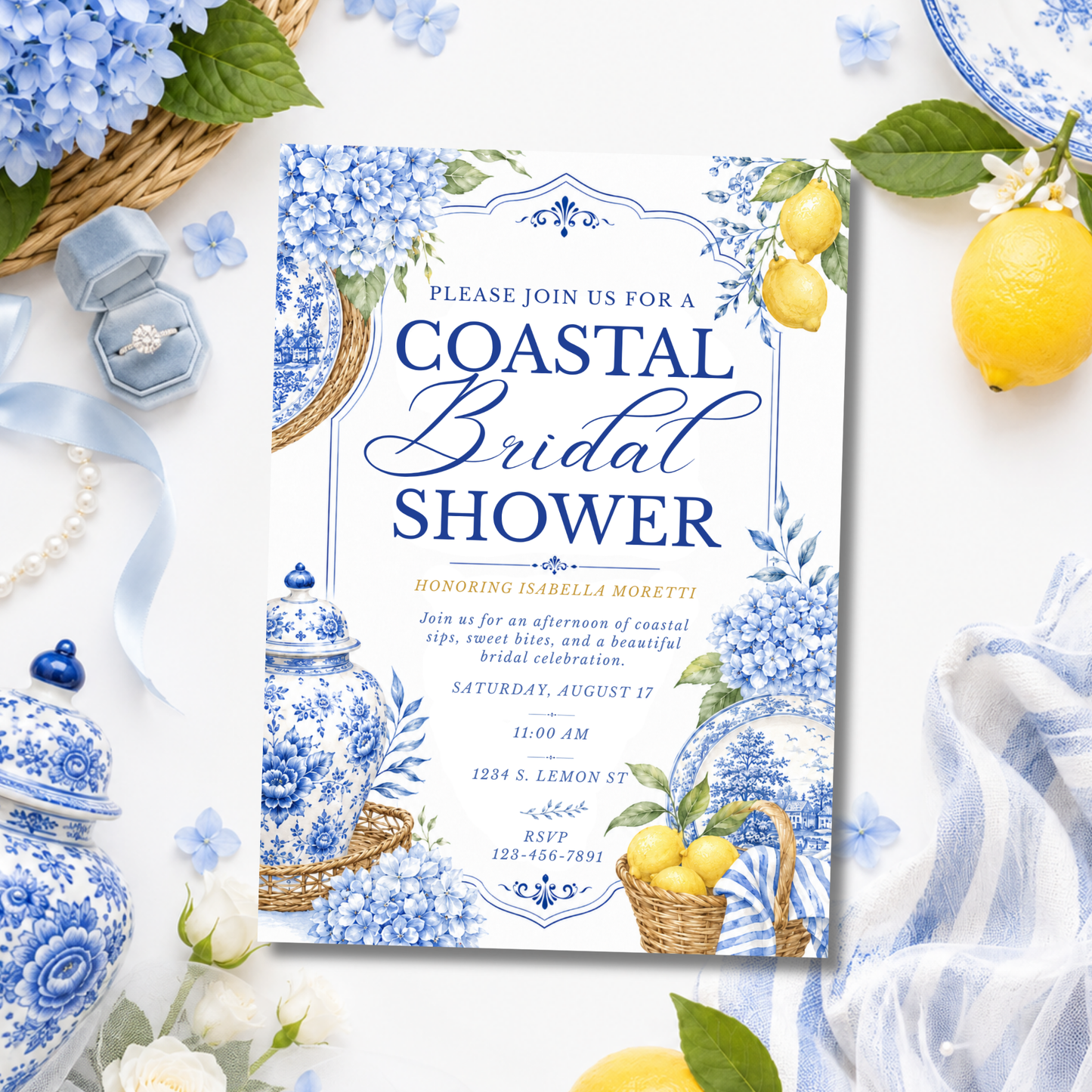 Coastal Blue Bridal Shower Invitation | Amalfi Inspired Blue and White Bridal Invite
