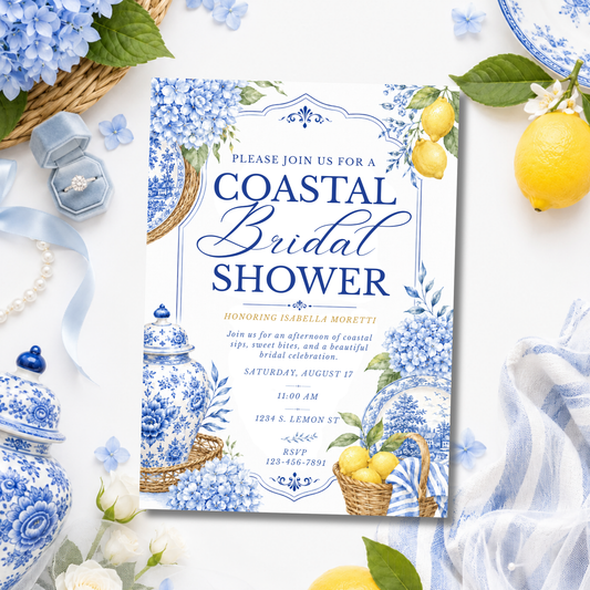 Coastal Blue Bridal Shower Invitation | Amalfi Inspired Blue and White Bridal Invite