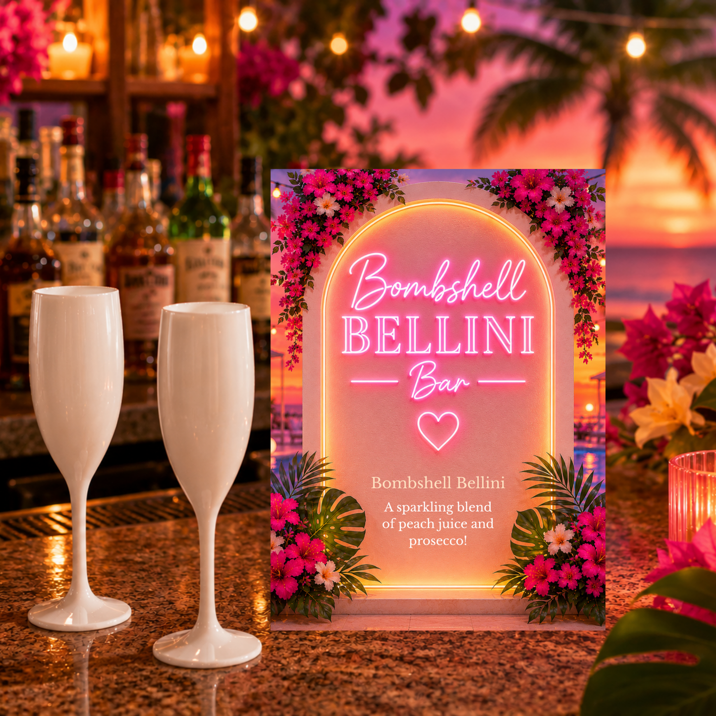 Bombshell Bellini Bar Sign Template | Editable Peach Bellini Cocktail Sign | Tropical Drink Station Decor | Canva Template | Instant Download