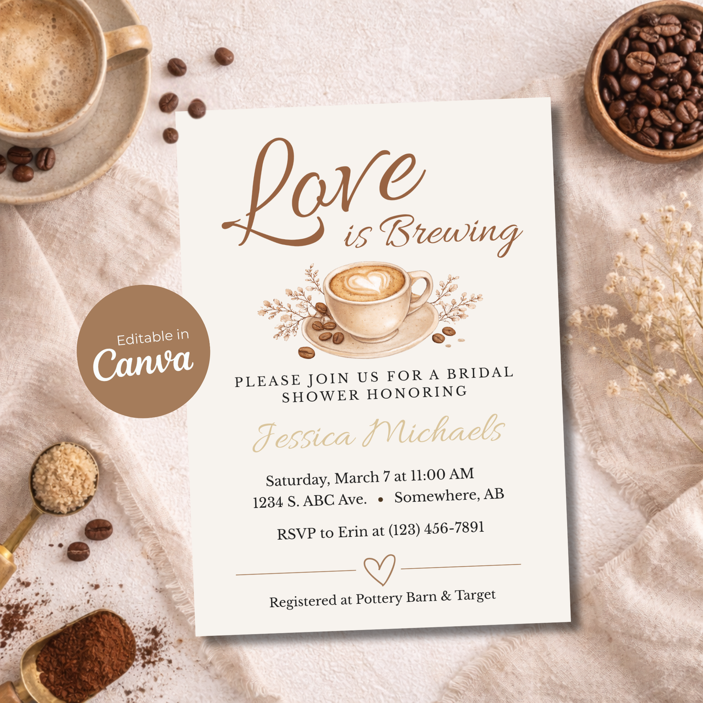 Love is Brewing Bridal Shower Invitation | Editable Canva Template | Instant Download