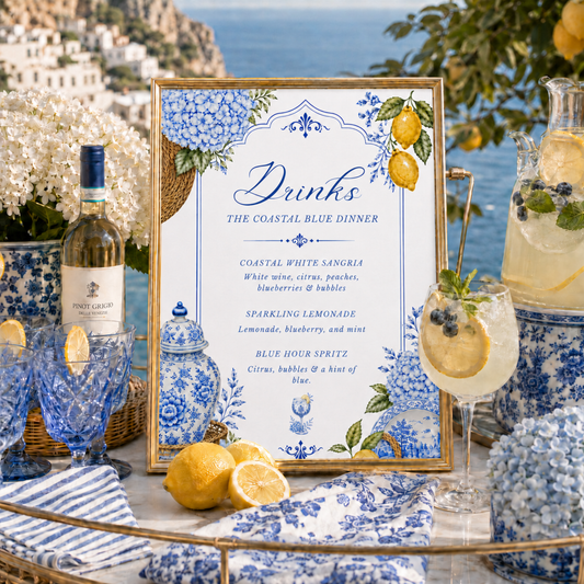Coastal Blue Party Drink Menu | Amalfi Inspired Blue and White Drink Menu