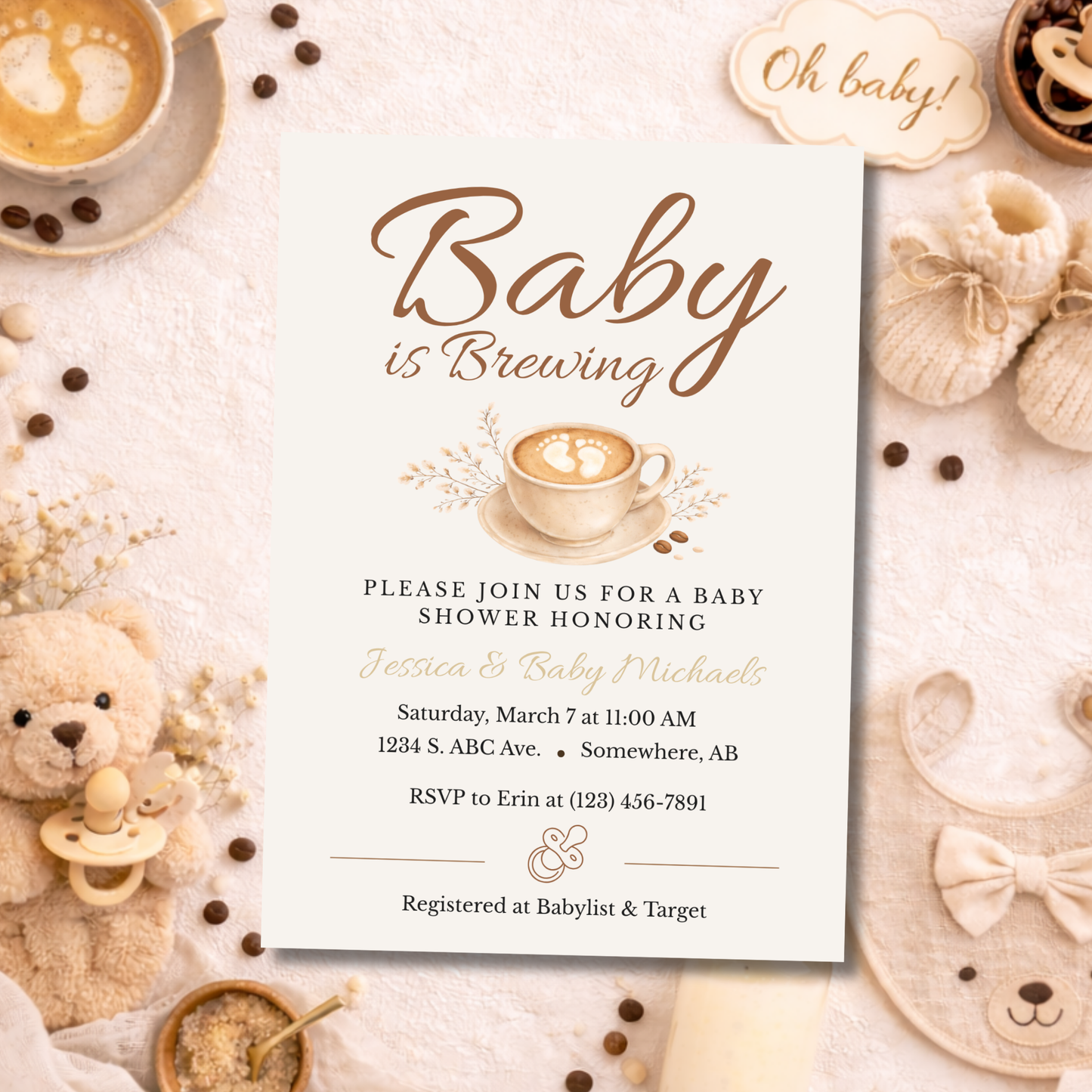 Baby is Brewing Coffee Themed Baby Shower Invitation | Editable Canva Download