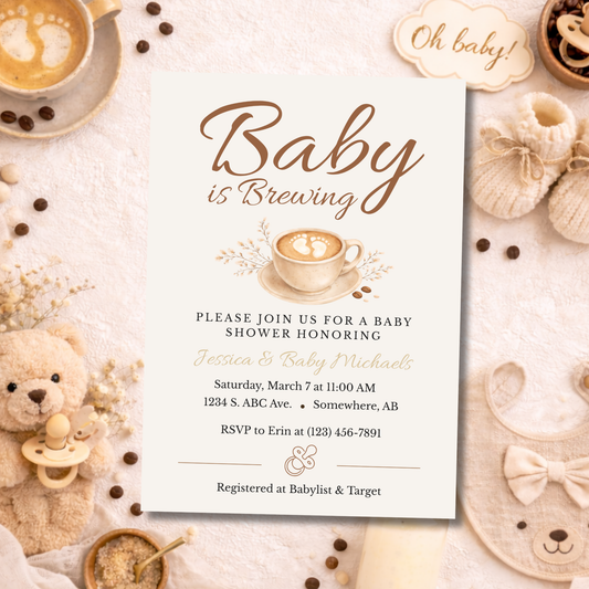 Baby is Brewing Coffee Themed Baby Shower Invitation | Editable Canva Download
