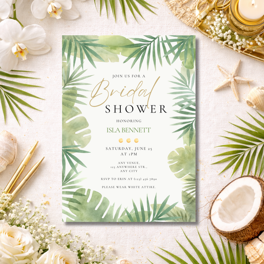Tropical Bridal Shower Invitation | White Gold Greenery Invitation | Editable Canva Template