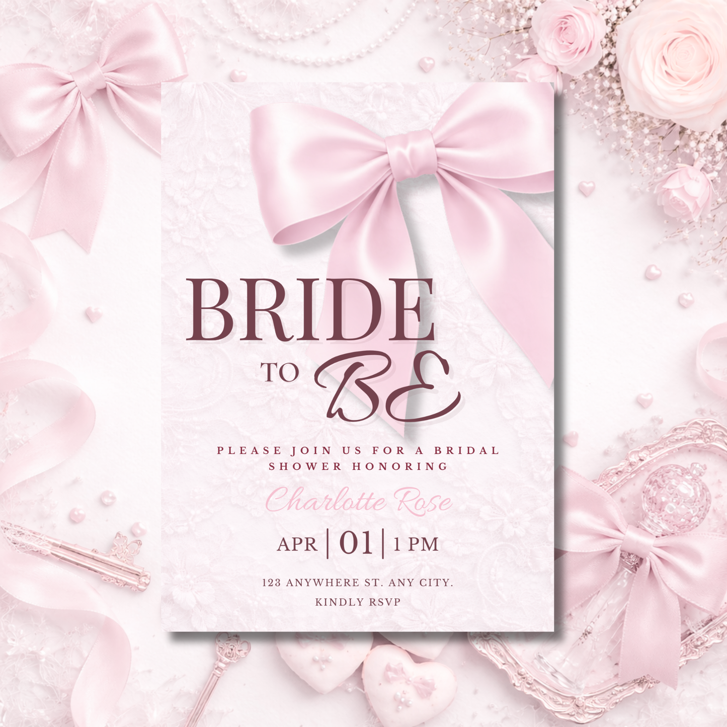 Bride to Be Coquette Pink Bow Bridal Shower Invitation | Editable Canva Template
