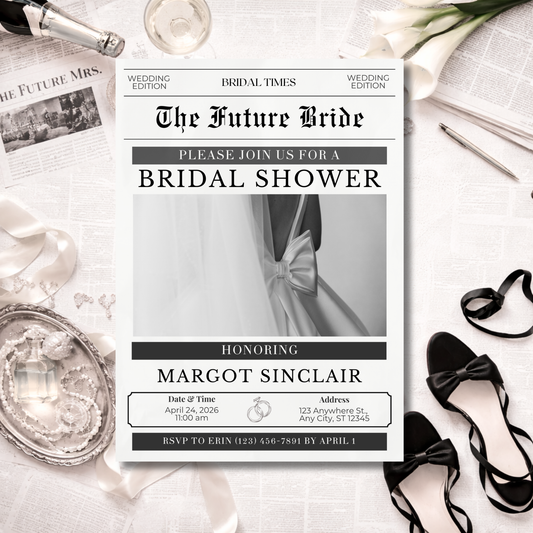 Editorial Bridal Shower Invitation | Newspaper Style | Editable Canva Template