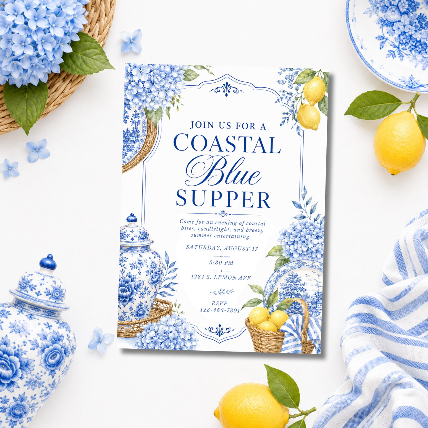 Coastal Blue Supper Invitation | Amalfi Inspired Blue and White Dinner Party Invite