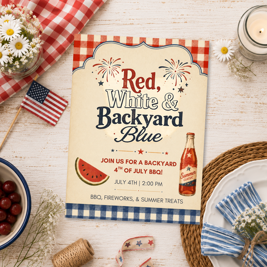 Red, White & Backyard Blue 4th of July BBQ | Editable Invitation