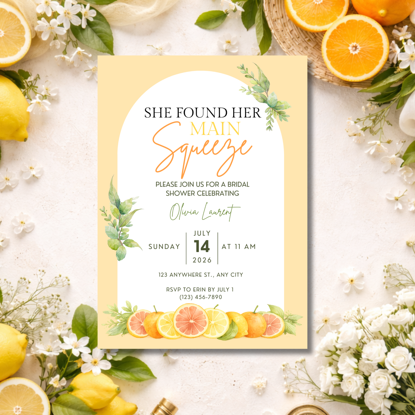 She Found Her Main Squeeze Bridal Shower Invitation | Editable Citrus Bridal Shower Invite | Digital Download