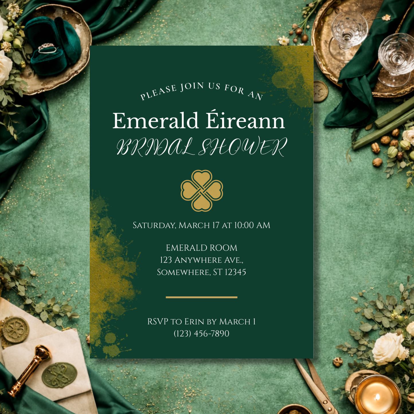 Emerald Éireann Bridal Shower Invitation | Editable Canva Template