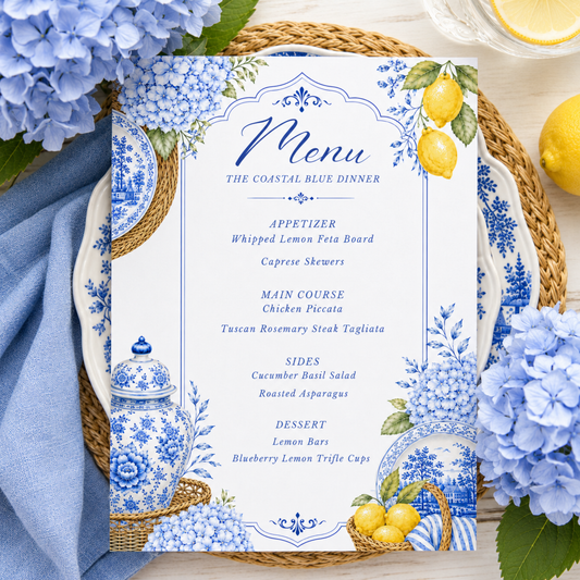 Coastal Blue Party Menu | Amalfi Inspired Blue and White Menu
