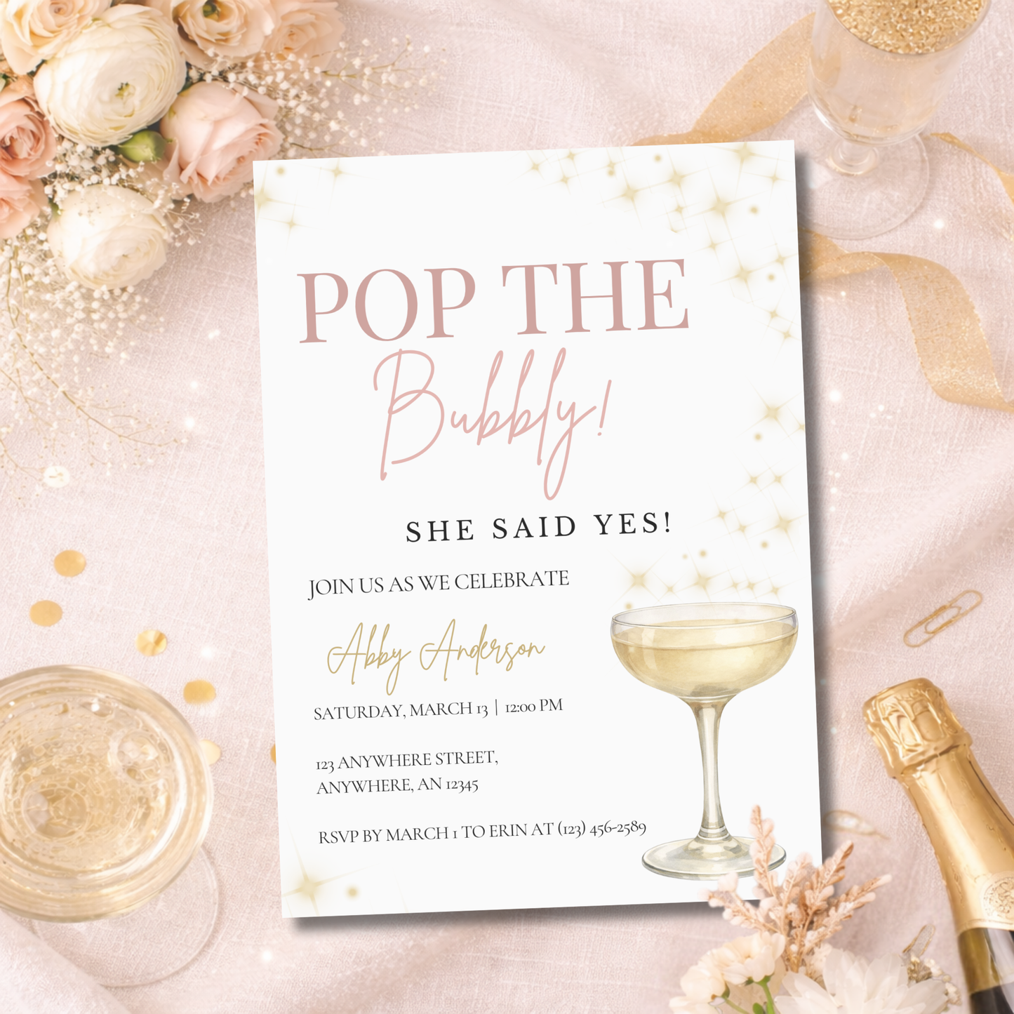 She Said Yes Invitation | Pop the Bubbly Champagne Bridal Shower Party Invitation