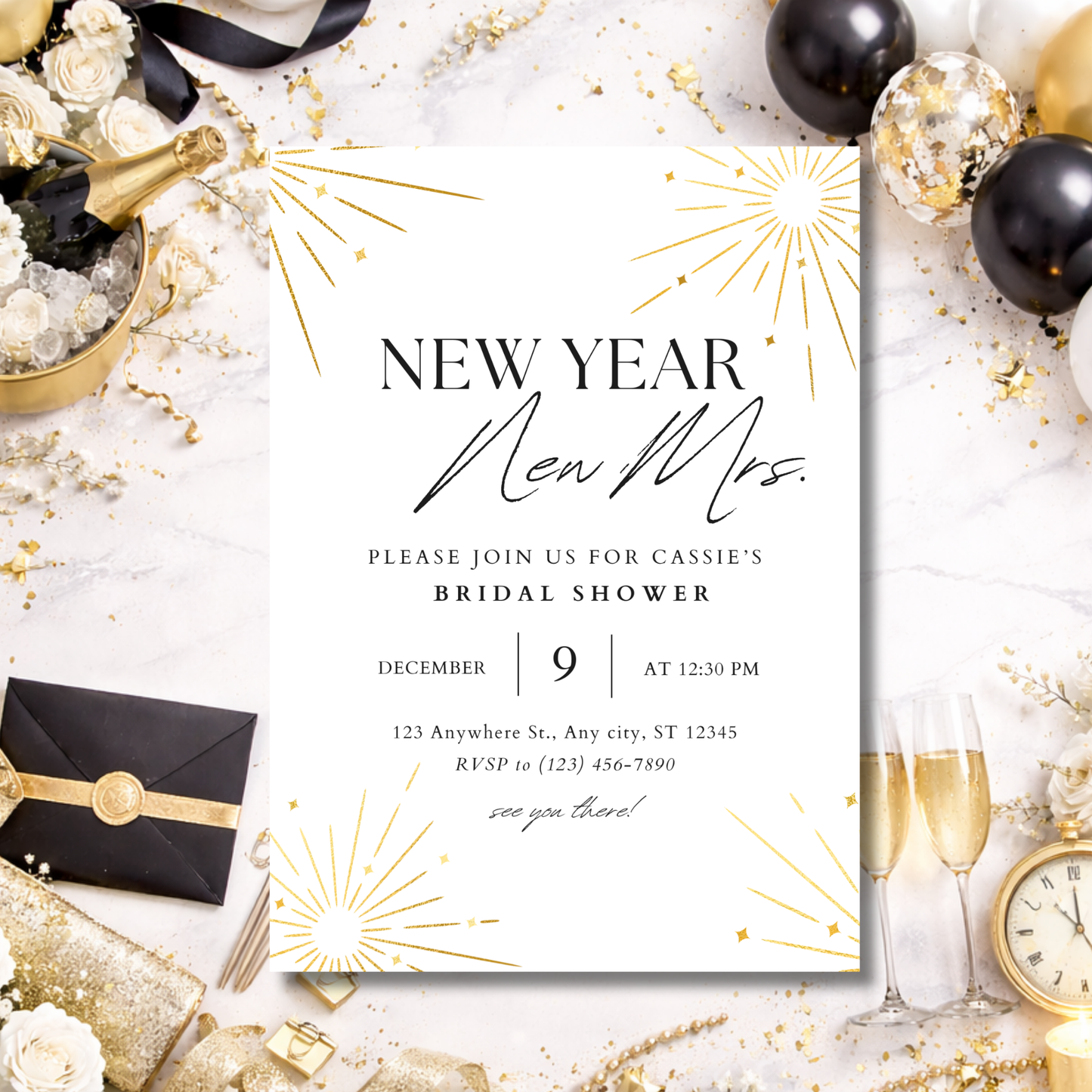 New Year, New Mrs. Bridal Shower Invitation | Editable Canva Template | Black White Gold