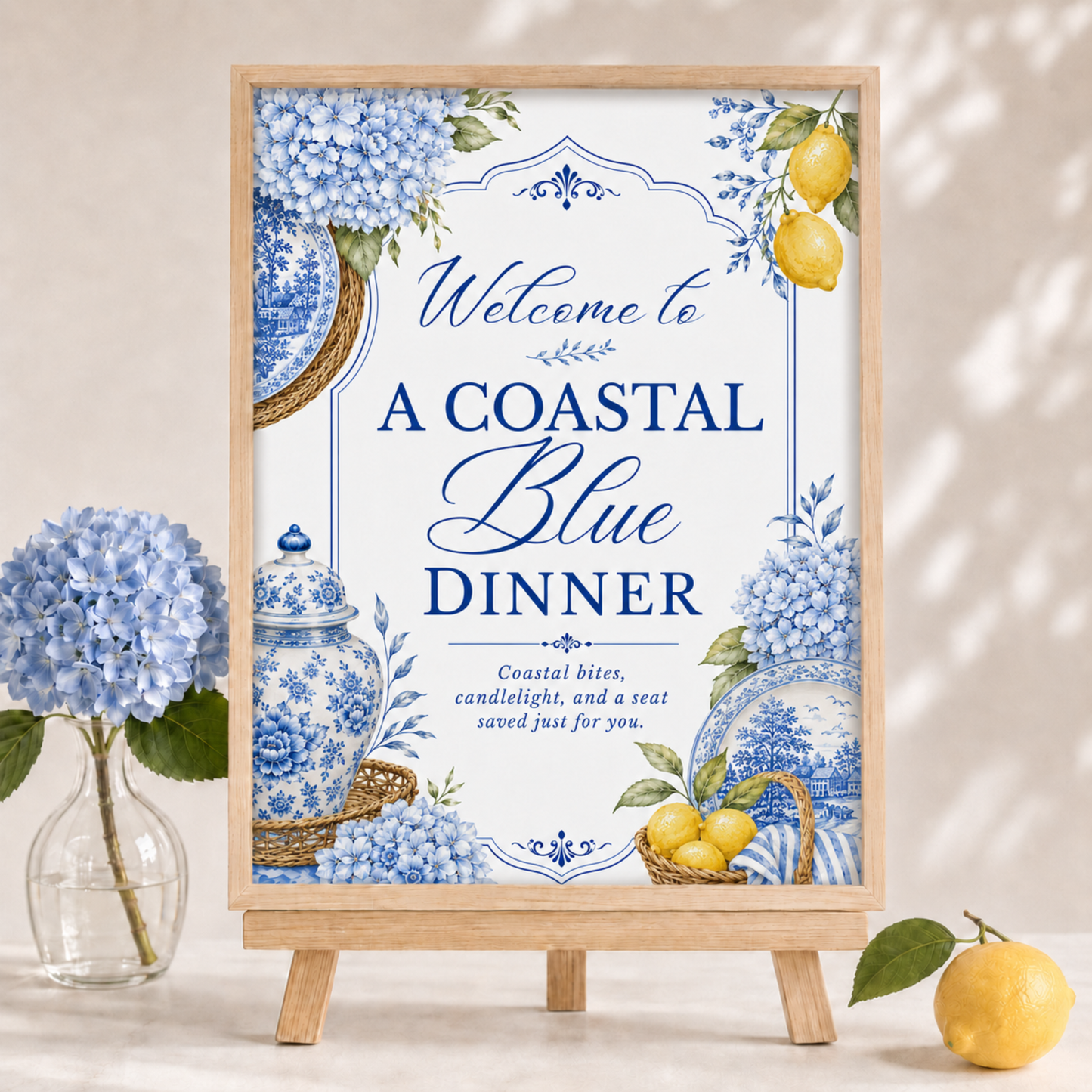 Coastal Blue Party Welcome Sign | Amalfi Inspired Blue and White Welcome Sign