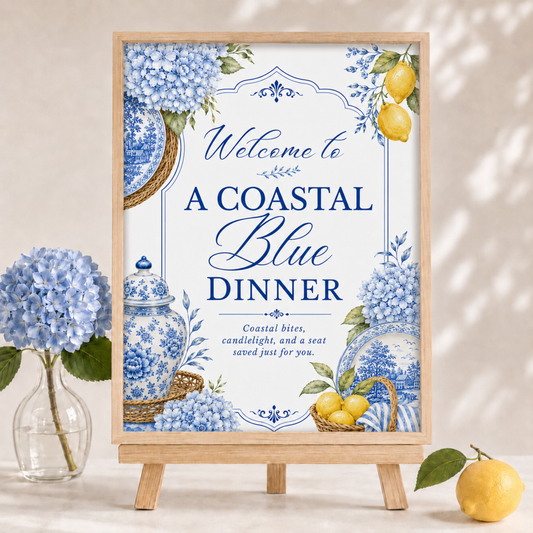 Coastal Blue Party Welcome Sign | Amalfi Inspired Blue and White Welcome Sign