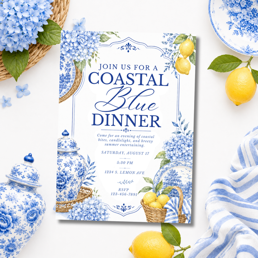 Coastal Blue Dinner Invitation | Amalfi Inspired Blue and White Dinner Party Invite