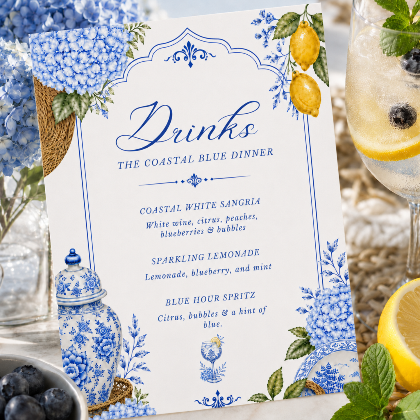 Coastal Blue Party Drink Menu | Amalfi Inspired Blue and White Drink Menu