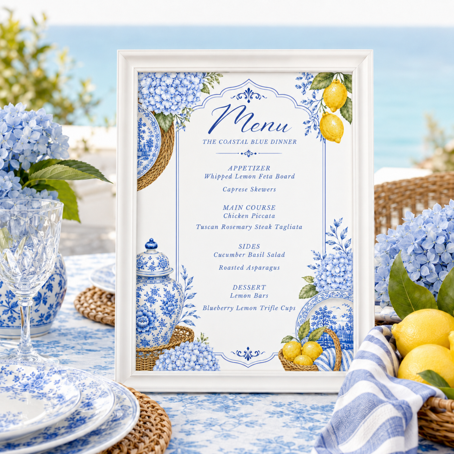 Coastal Blue Party Menu | Amalfi Inspired Blue and White Menu