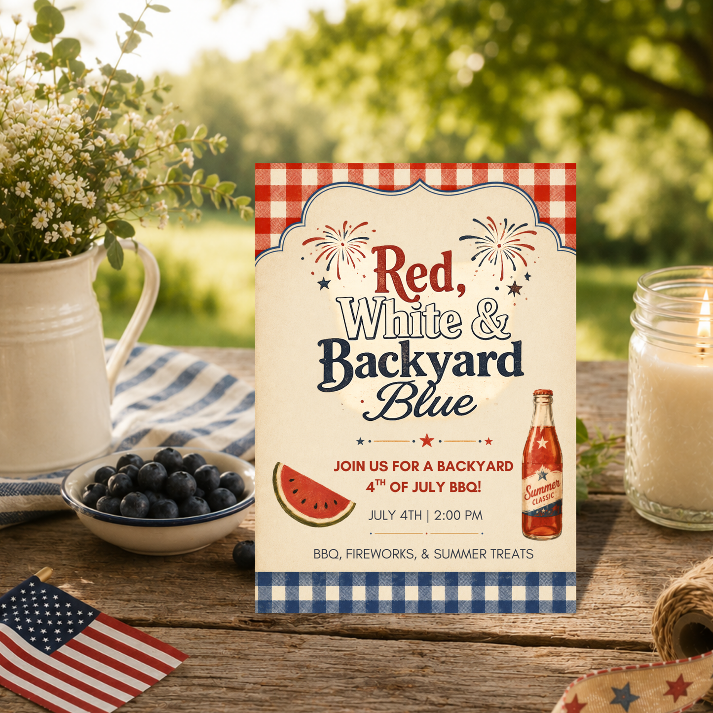 Red, White & Backyard Blue 4th of July BBQ | Editable Invitation