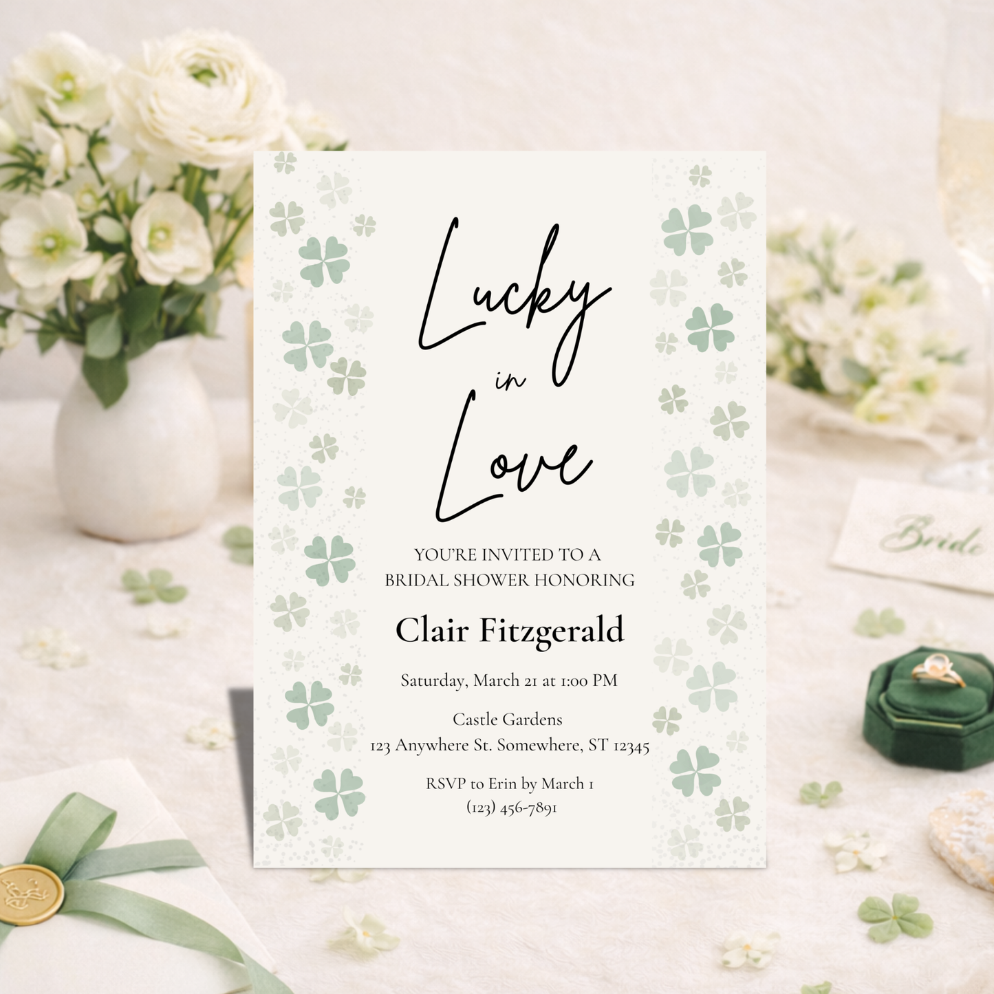 Elegant St. Patrick’s Day Bridal Shower Invite | Editable Canva Template