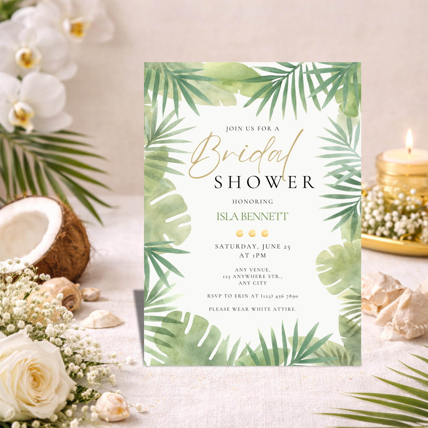 Tropical Bridal Shower Invitation | White Gold Greenery Invitation | Editable Canva Template