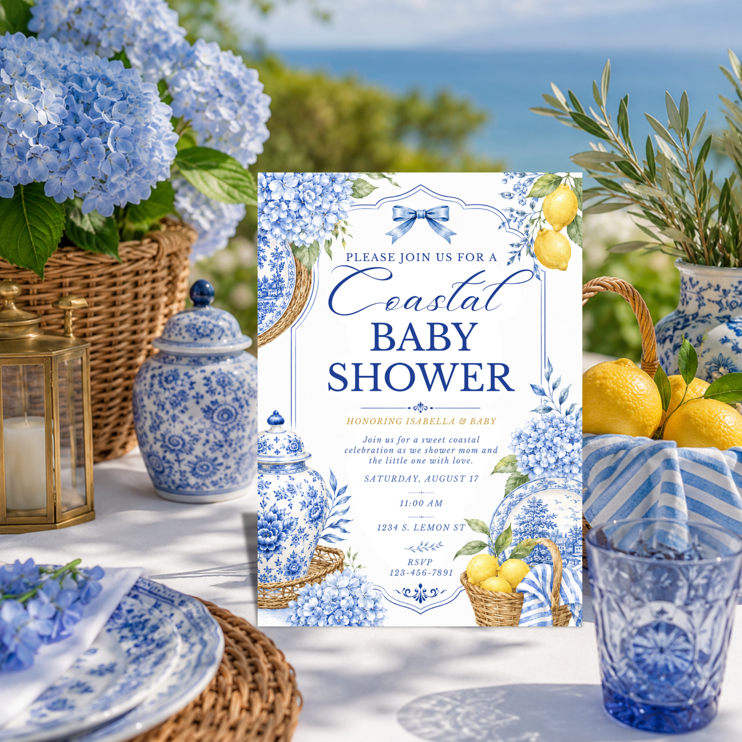 Coastal Blue Baby Shower Invitation Template | Amalfi Inspired Blue and White Baby Invite
