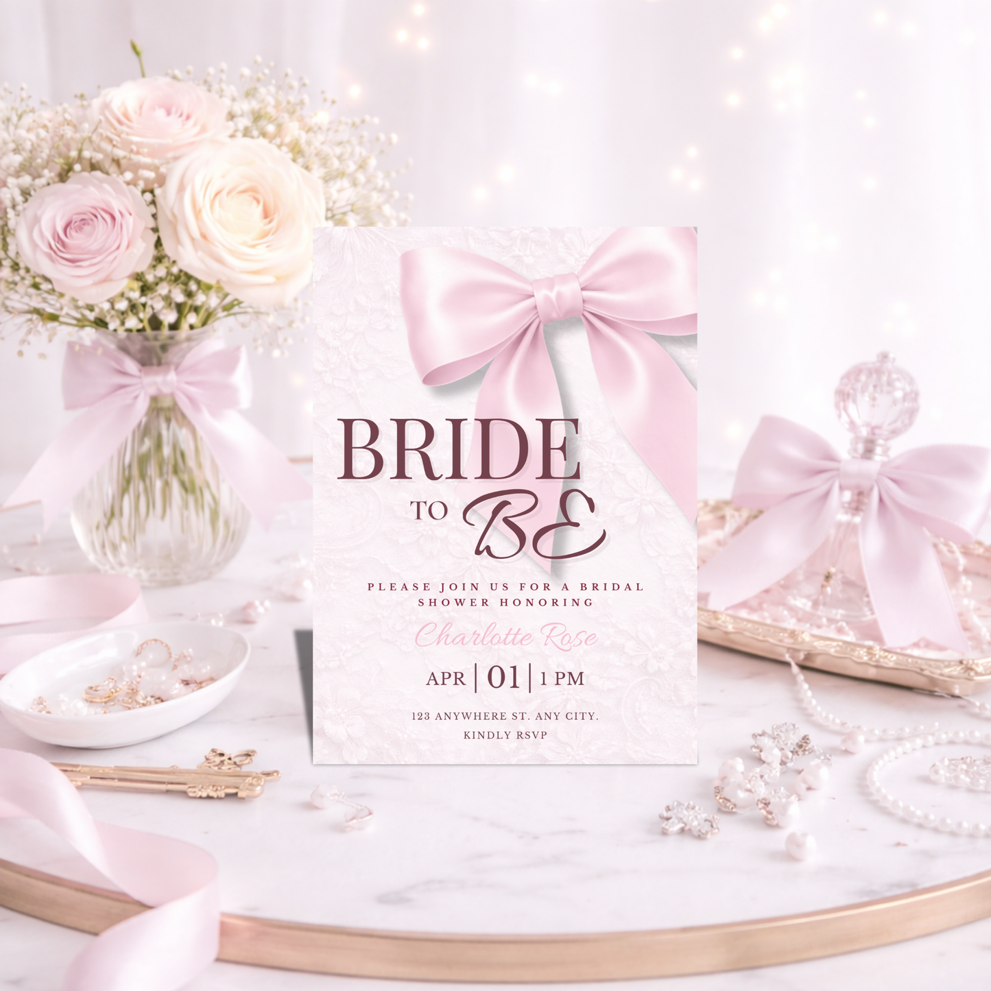 Bride to Be Coquette Pink Bow Bridal Shower Invitation | Editable Canva Template