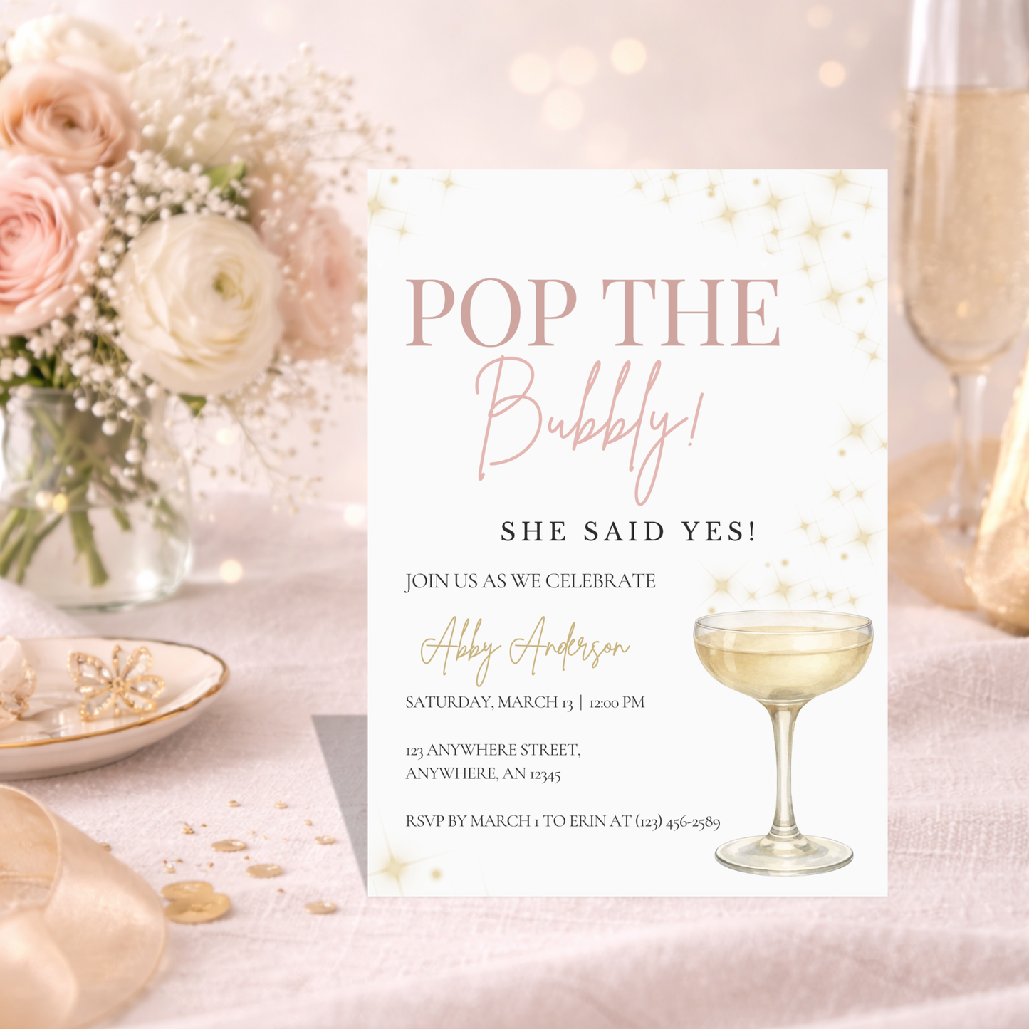 She Said Yes Invitation | Pop the Bubbly Champagne Bridal Shower Party Invitation