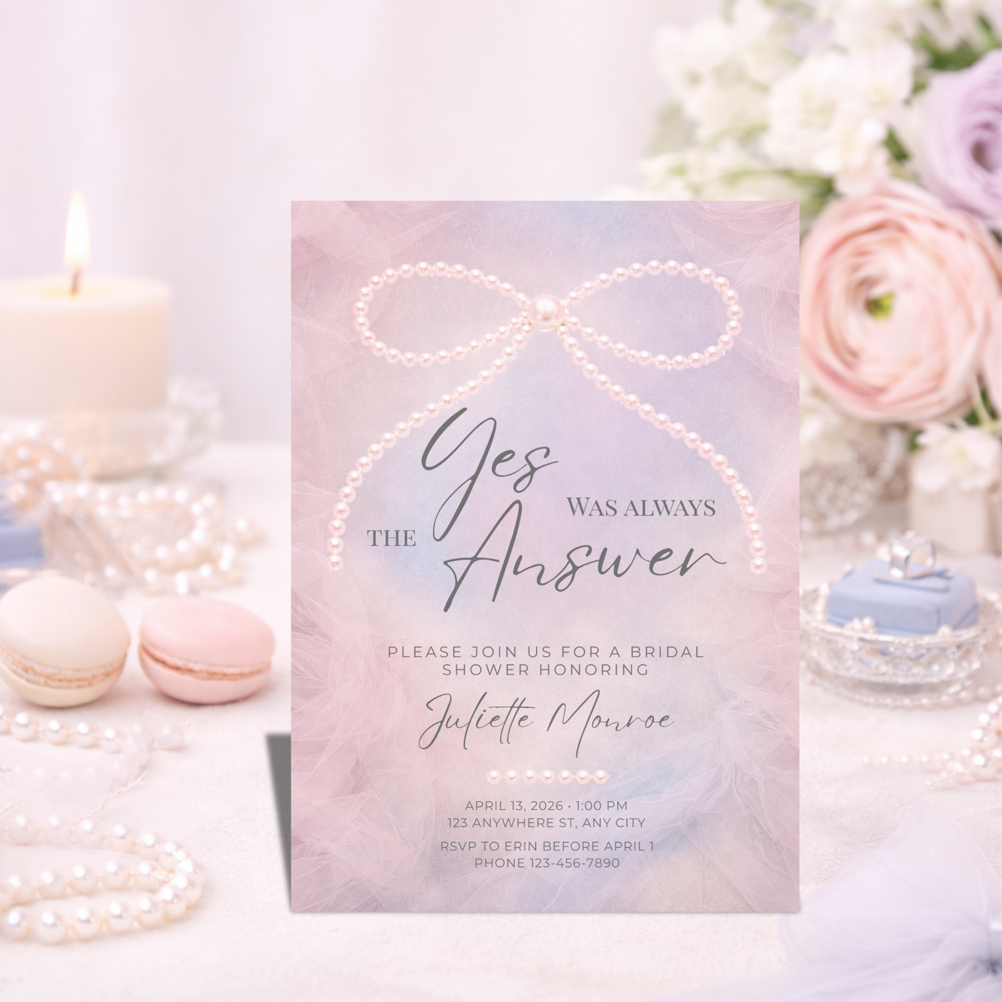 Yes Was Always the Answer Digital Invitation | Pearl Bow Bridal Shower Invitation | Editable Canva Template
