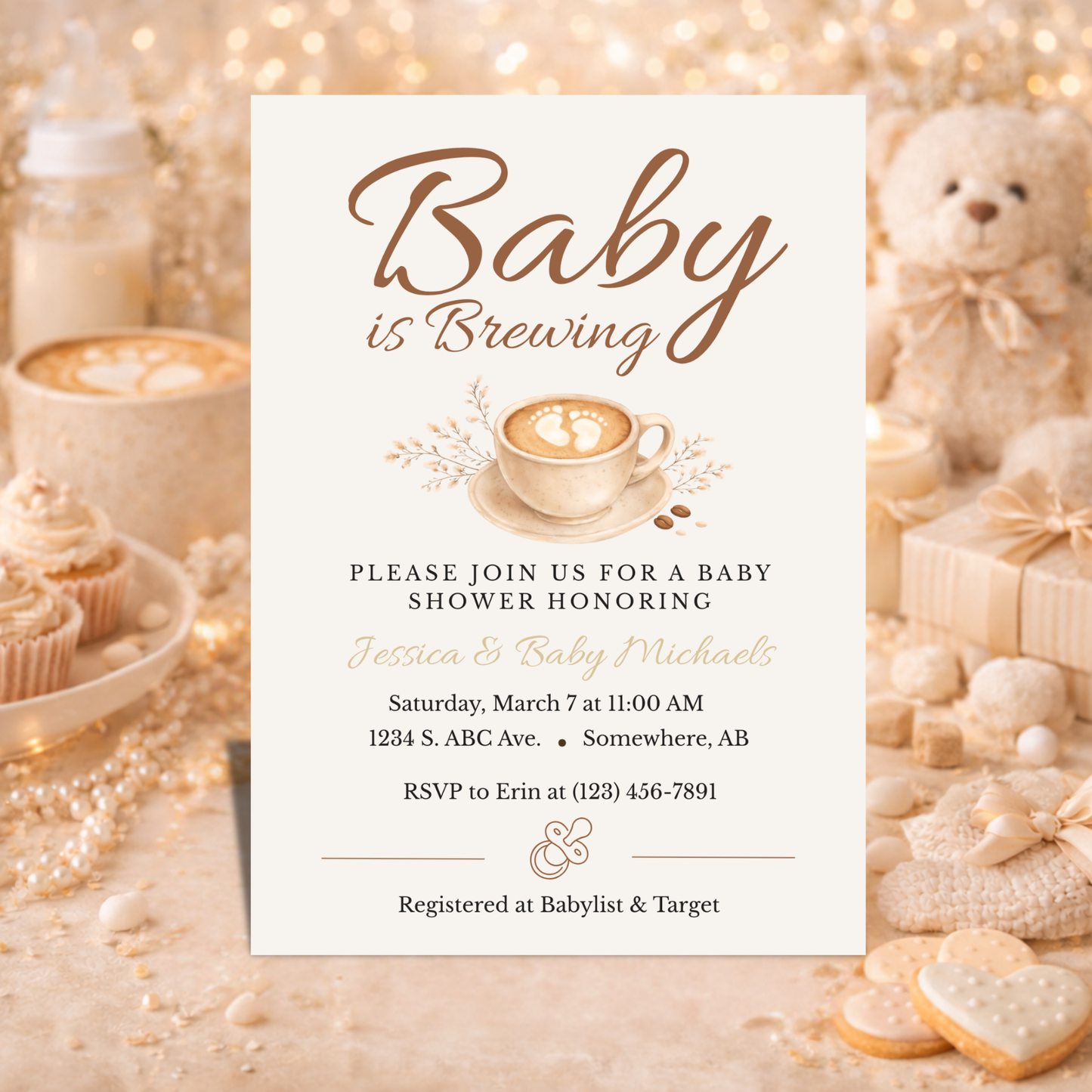 Baby is Brewing Coffee Themed Baby Shower Invitation | Editable Canva Download