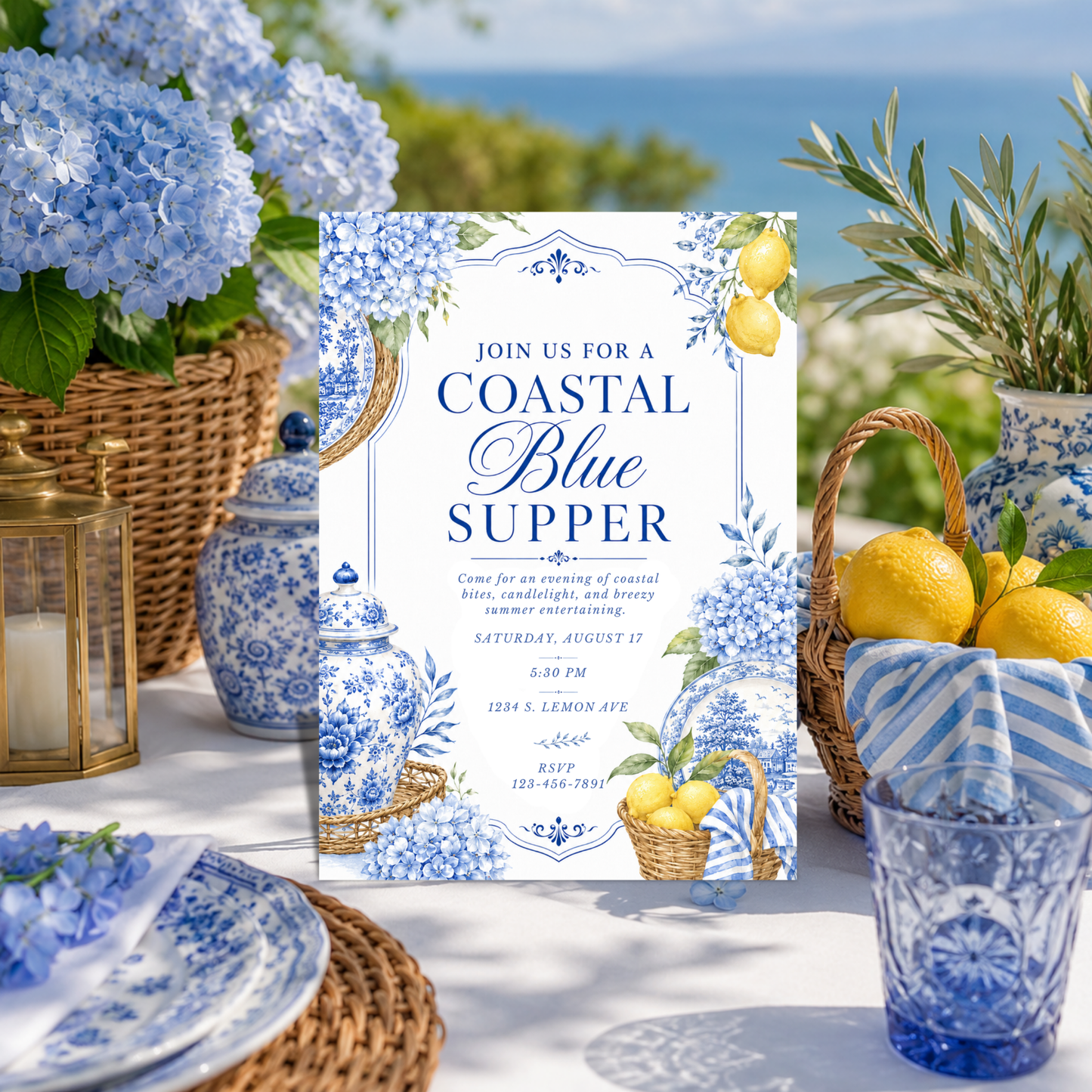 Coastal Blue Supper Invitation | Amalfi Inspired Blue and White Dinner Party Invite