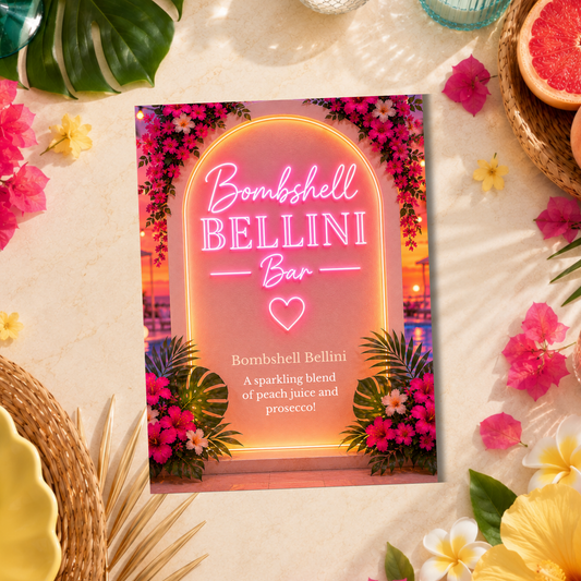 Bombshell Bellini Bar Sign Template | Editable Peach Bellini Cocktail Sign | Tropical Drink Station Decor | Canva Template | Instant Download