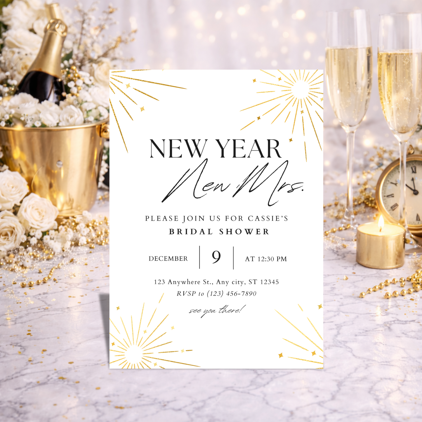 New Year, New Mrs. Bridal Shower Invitation | Editable Canva Template | Black White Gold
