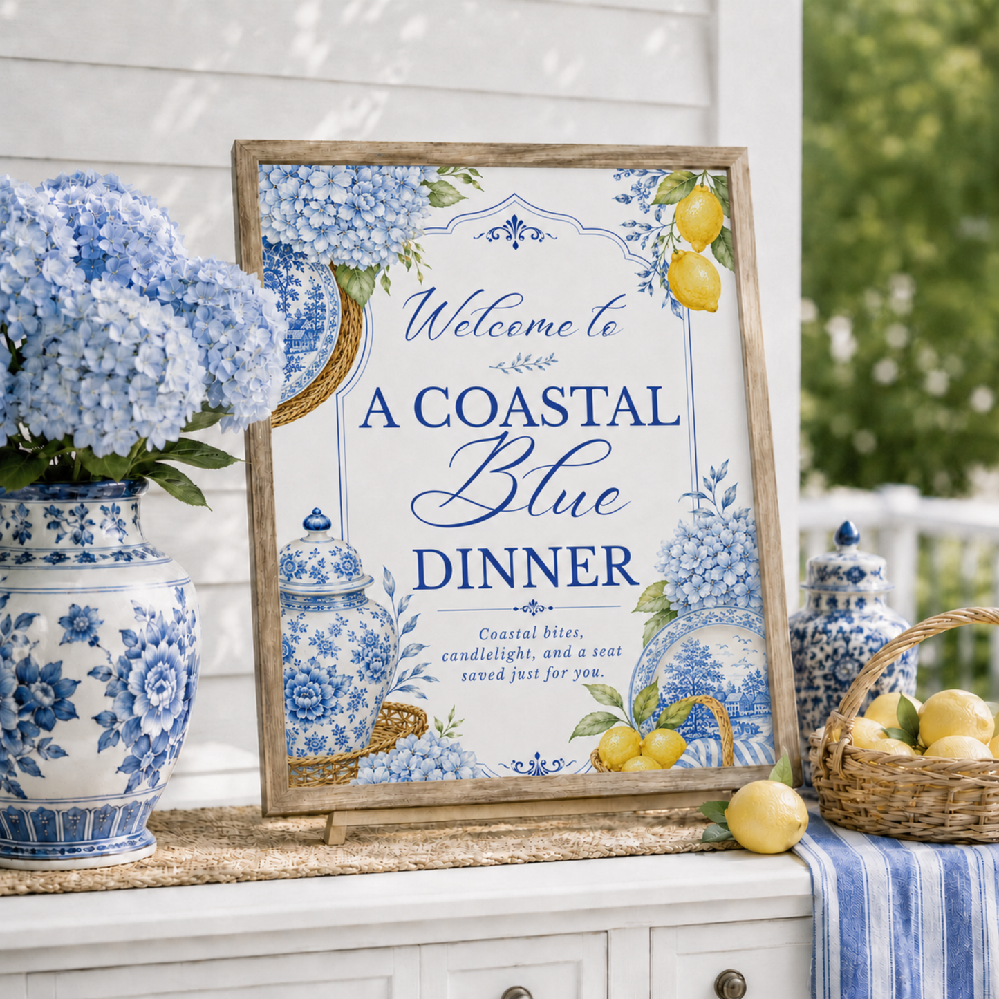 Coastal Blue Party Welcome Sign | Amalfi Inspired Blue and White Welcome Sign