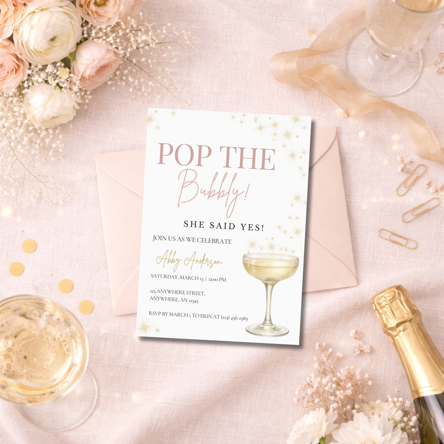She Said Yes Invitation | Pop the Bubbly Champagne Bridal Shower Party Invitation