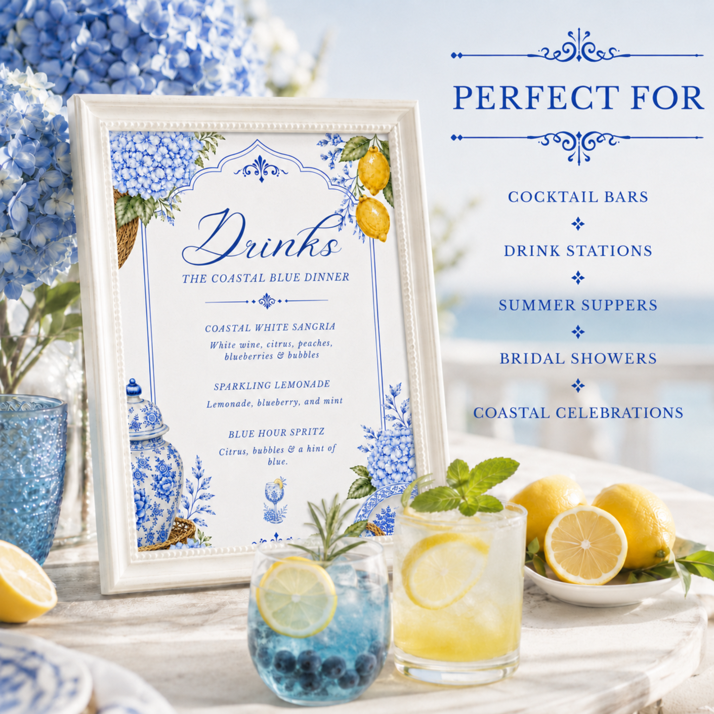 Coastal Blue Party Drink Menu | Amalfi Inspired Blue and White Drink Menu