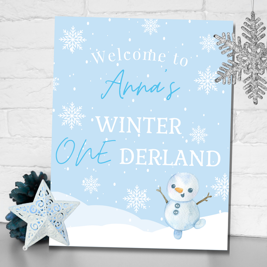 Winter ONEderland editable welcome sign for a neutral winter first birthday party