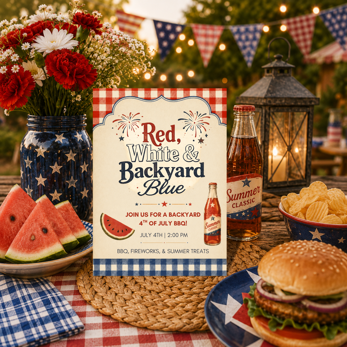 Red, White & Backyard Blue 4th of July BBQ | Editable Invitation