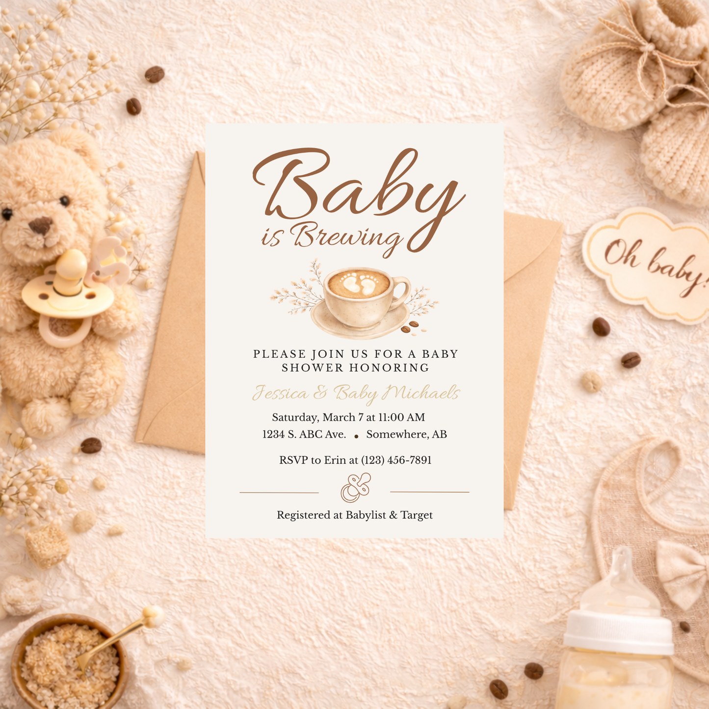 Baby is Brewing Coffee Themed Baby Shower Invitation | Editable Canva Download