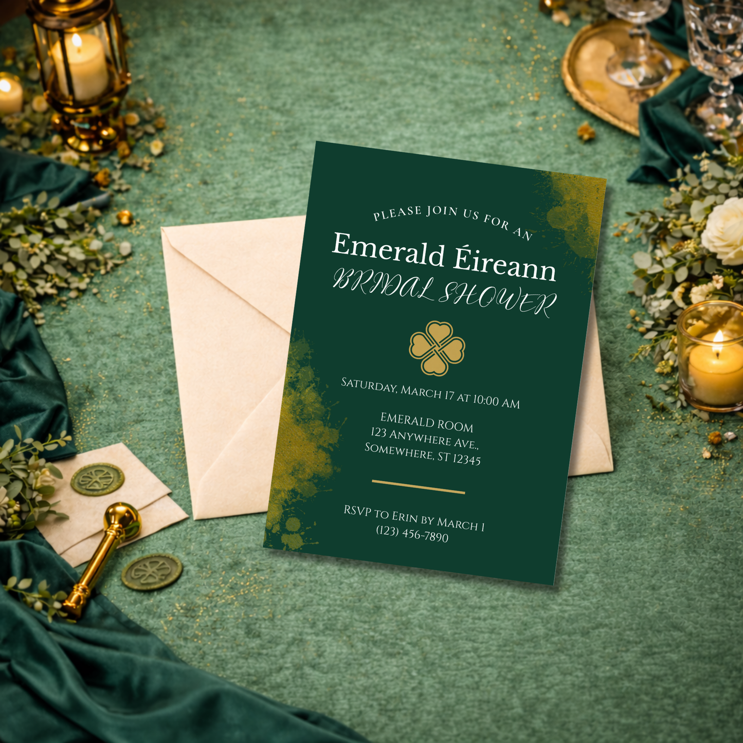 Emerald Éireann Bridal Shower Invitation | Editable Canva Template