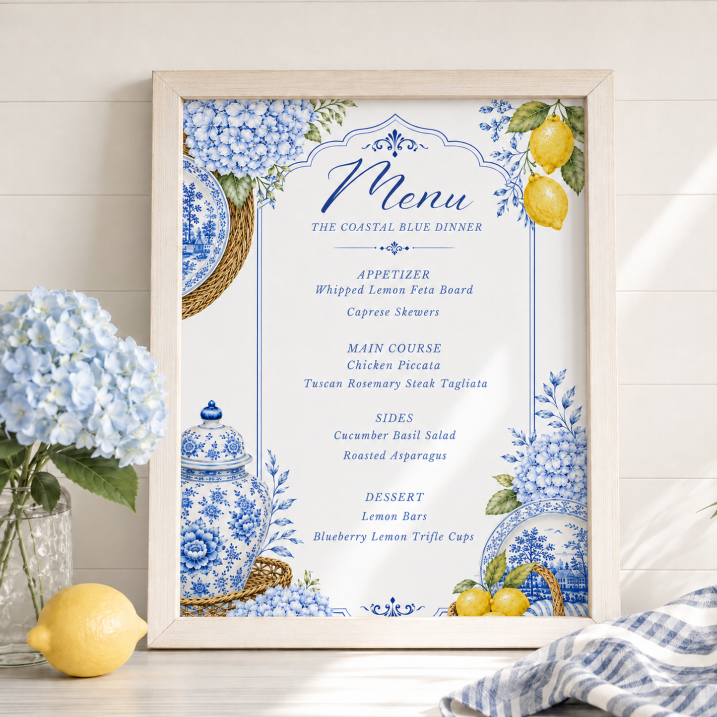 Coastal Blue Party Menu | Amalfi Inspired Blue and White Menu