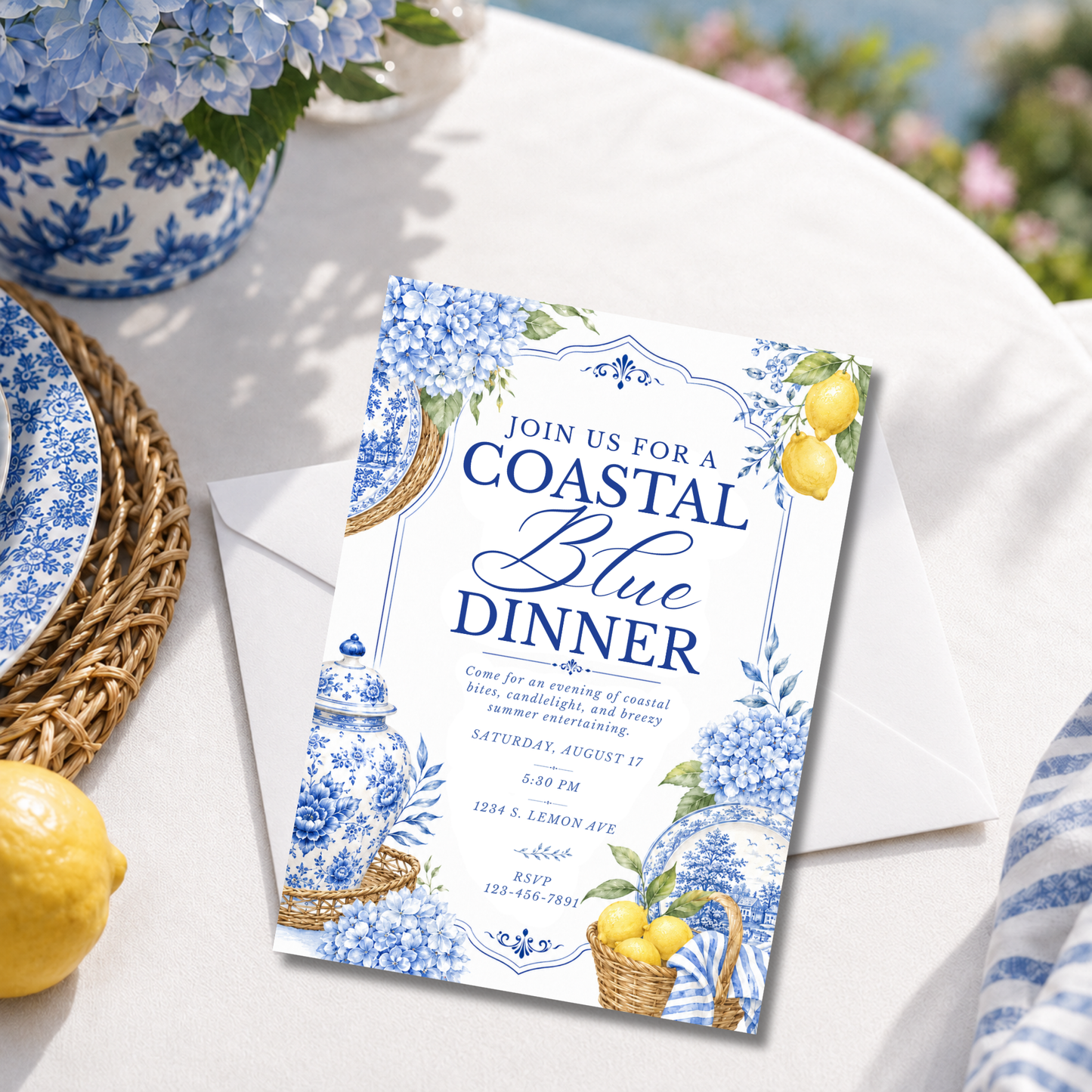 Coastal Blue Bridal Shower Invitation | Amalfi Inspired Blue and White Bridal Invite