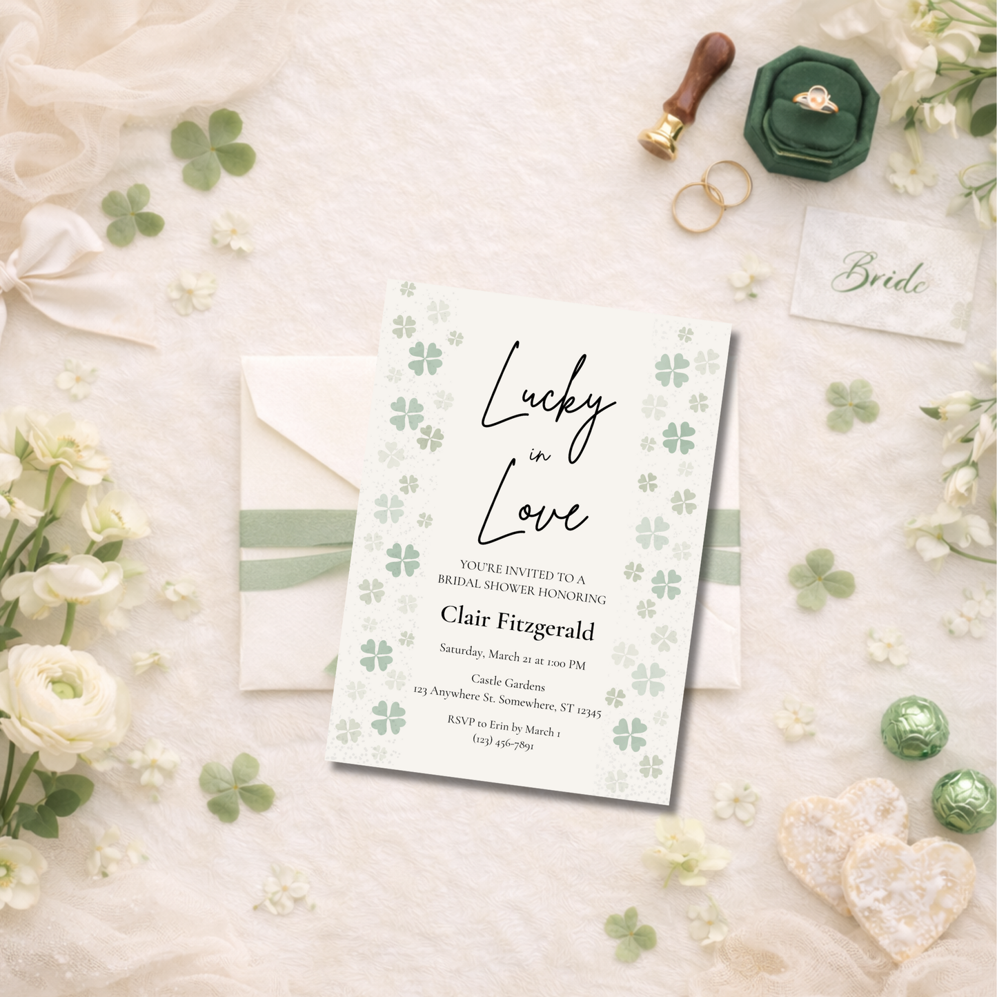 Elegant St. Patrick’s Day Bridal Shower Invite | Editable Canva Template