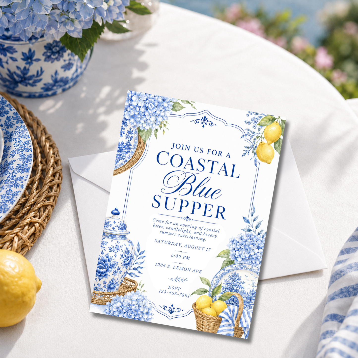 Coastal Blue Supper Invitation | Amalfi Inspired Blue and White Dinner Party Invite
