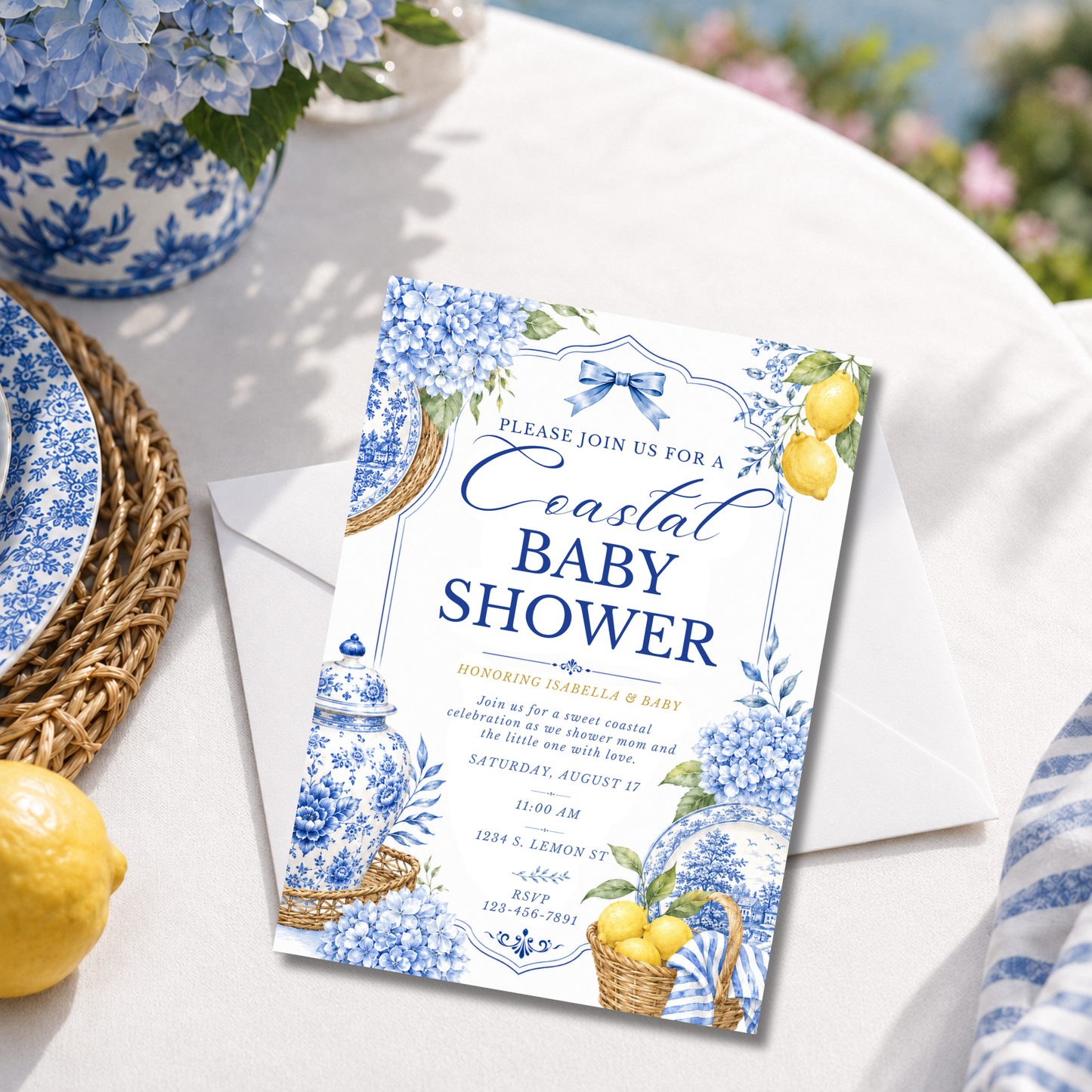 Coastal Blue Baby Shower Invitation Template | Amalfi Inspired Blue and White Baby Invite