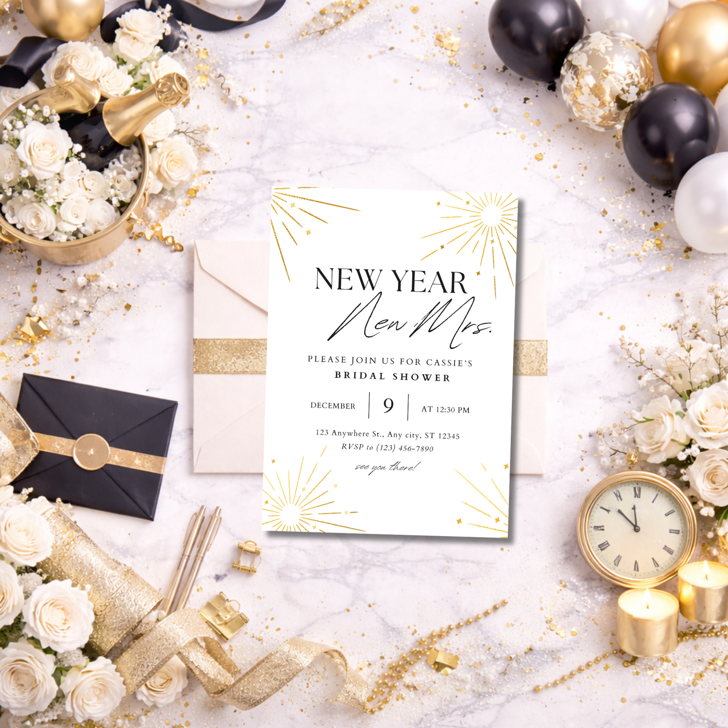 New Year, New Mrs. Bridal Shower Invitation | Editable Canva Template | Black White Gold