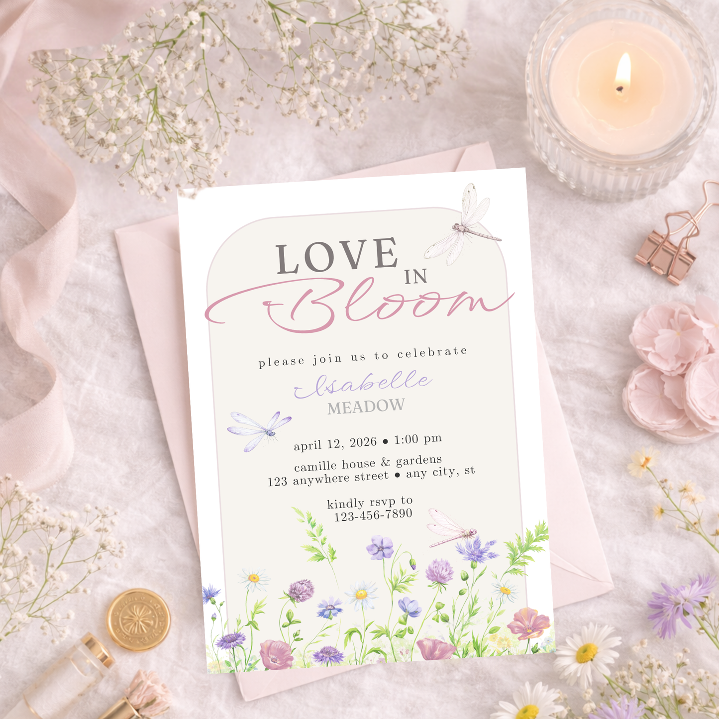 Love in Bloom Bridal Shower Invitation | Editable Wildflower Canva Template