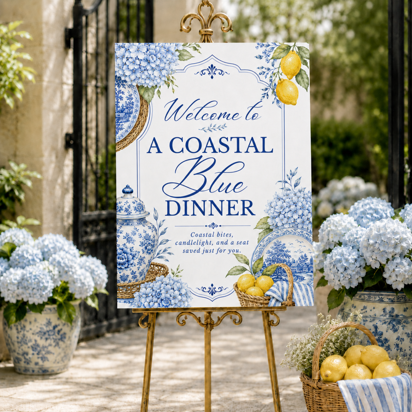 Coastal Blue Party Welcome Sign | Amalfi Inspired Blue and White Welcome Sign